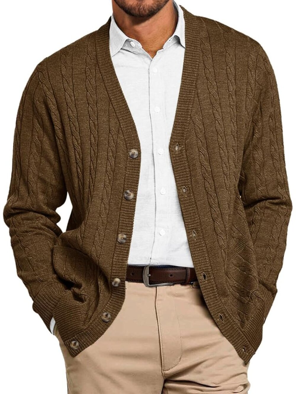 🆕Men's Deep Brown Chunky Knit Cardigan Sweater V Neck Button Up With Pockets